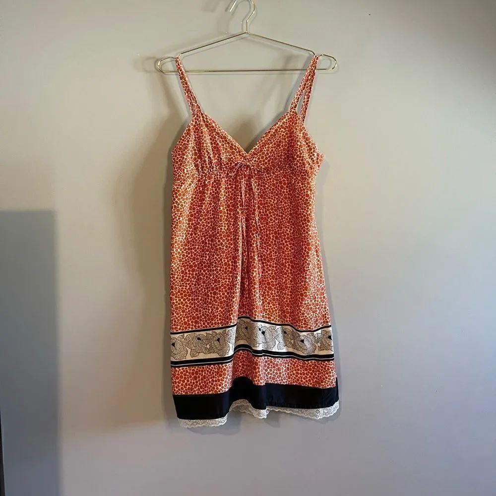 Forever Orange Printed Floral Border Lace Trim Strappy Sundress | SZ M